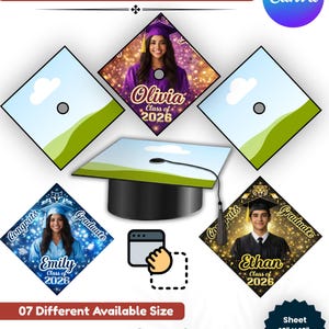 May include: A graduation cap topper template with customizable designs. The image features sample designs with photos of graduates, names, and the year 2026. The template includes the text "Graduation Cap Topper Template" and "07 Different Available Size."