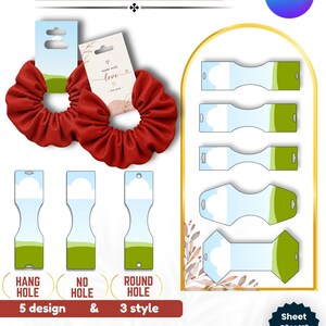 Könnte beinhalten: Eine digitale Vorlage für Scrunchie-Etiketten mit zwei roten Stoff-Scrunchies auf Präsentationskarten. Das Blatt enthält fünf Etikettendesigns mit Optionen für Aufhängeloch, kein Loch und rundes Loch. Text: Scrunchie Tag Template, Canva, Sheet 20,32 cm x 27,94 cm.