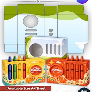 Pode incluir: Um modelo para uma caixa de atividades Play-Doh, com um design com lápis de cor e o logotipo Play-Doh. O design inclui um modelo de caixa e duas caixas de amostra com lápis de cor. O tamanho da folha disponível é 21 cm x 29,7 cm.