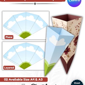 Może przedstawiać: Szablon pudełka na prezent w kształcie piramidy. Projekt zawiera wzór niebieskiego nieba i chmur oraz wzór kwiatowy. Tekst brzmi "Pyramid Bouquet Gift Box Template", "02 Available Size A4 & A3" i "Sheet 20.32cm X 27.94cm A4 & A3".