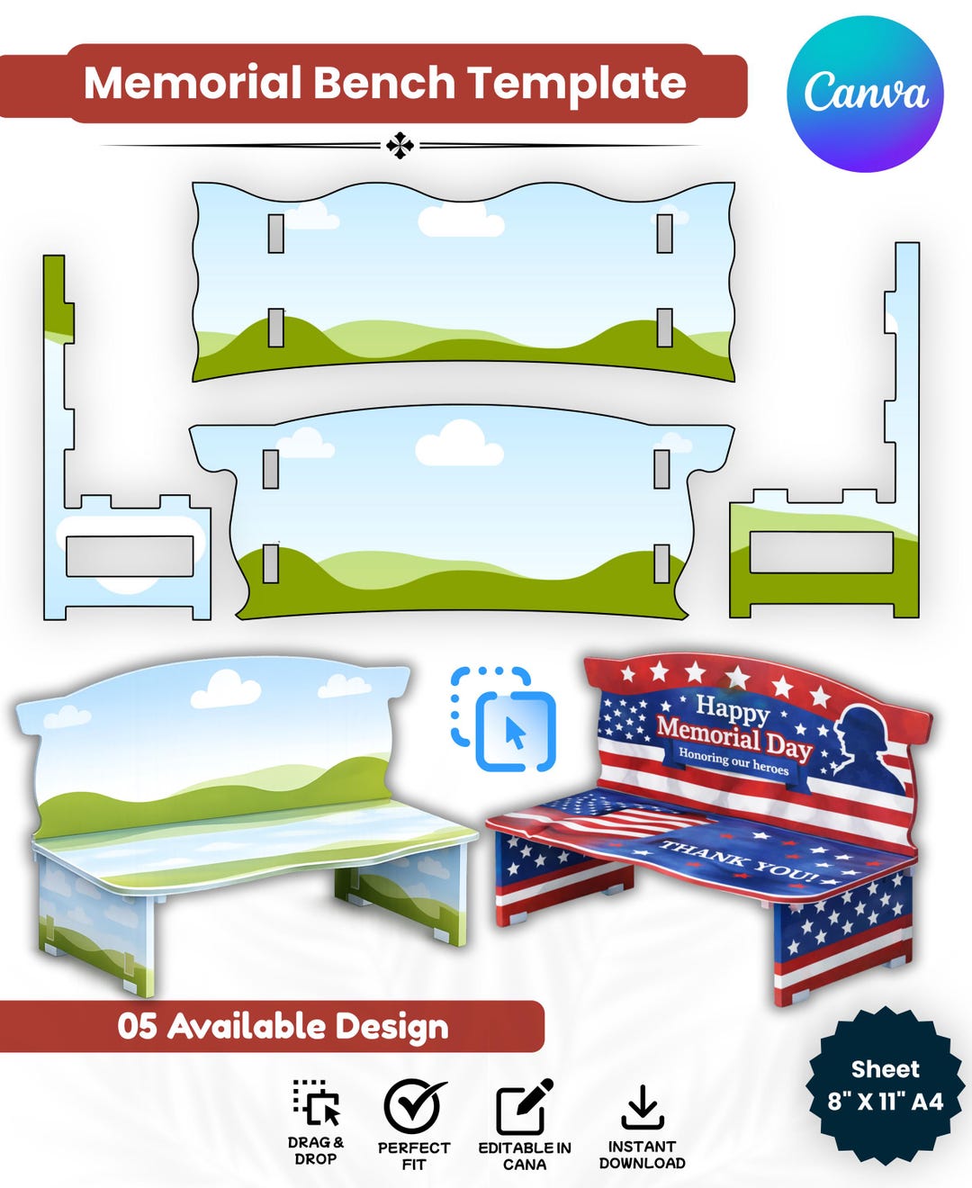 Memorial Bench Template Canva, Editable Bench Template, Printable DIY ...