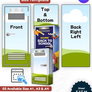 Puede incluir: Una plantilla digital para una caja de regalo de taquilla de regreso a la escuela. El diseño incluye vistas frontal, superior e inferior, y trasera/derecha/izquierda. La plantilla está disponible en tamaños A1, A3 y A4, y en hojas de 21 x 29,7 cm. El texto "Welcome Back to School".