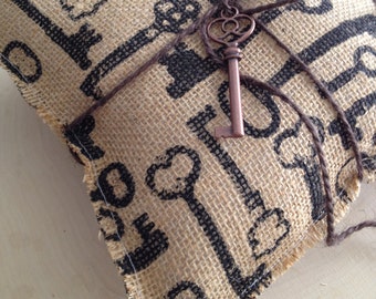 Key to My Heart Burlap Ring Bearer Pillow - Rustic Ring Bearer Pillow - Skeleton Key Pillow
