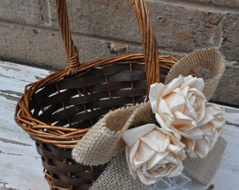 RESERVED for AMANDA - Burlap and Lace Flower Girl Basket - Rustic Flower Girl Basket - Burlap Flower Girl Basket