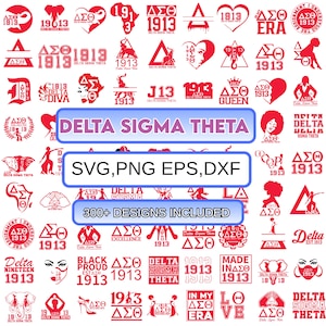 May include: A collection of red and white Delta Sigma Theta designs in SVG, PNG, EPS, and DXF formats. The image includes various logos, symbols, and text elements, with the text "Delta Sigma Theta" and "300+ Designs Included".