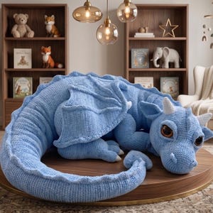 Puede incluir: Un gran juguete de dragón de ganchillo azul claro con alas, cuernos y garras detalladas. El dragón está tumbado sobre una superficie redonda de madera. El fondo incluye una estantería con peluches y libros.