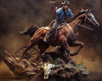 Figura de resina de Arthur Morgan de RDR2 / Estatua a caballo pintada a mano (Coleccionable)