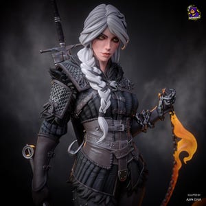 May include: A detailed statue of a woman with long, white braided hair, wearing dark armor with chainmail accents. She holds a flaming sword and a chain. The statue has a sword on her back. The sculpture is signed "Sculpted by Alex Gray".