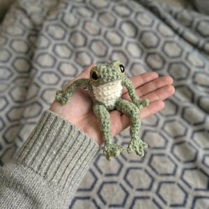 Crochet frog pattern - A crocheted frog sitting on a hand