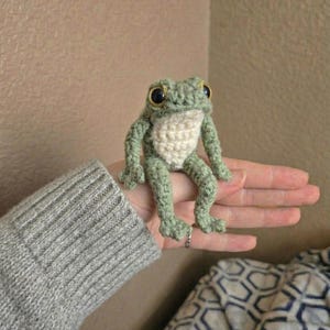 May include: A handmade crochet frog with large, dark eyes and a white belly. The frog is light green and has detailed legs and arms. This whimsical amphibian is a unique, handcrafted item.