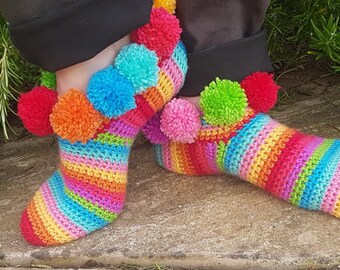 crochet pom pom rainbow slipper socks, adult pattern, written in English and is available as an instant digital download