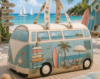 Camper van style travel bags, beach-themed travel bags, weekend bags, retro boho style gym bags, Vintage Travel Bag