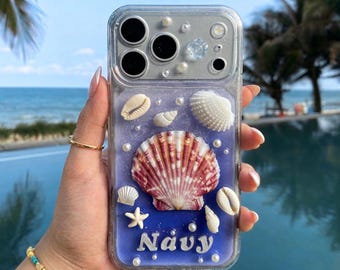 Buy 2 Get 1 FREE - Custom Name Phone Case, Beach Seashell Pearl Case, Mermaid Aesthetic Handmade Phone Cover, Custom Name Seashell Case