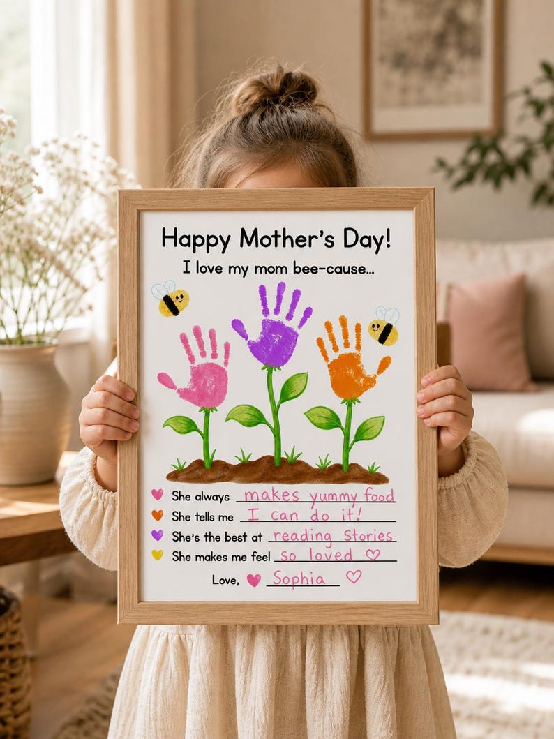 Mother’s Day Handprint Craft Printable, Kids Gift for Mom, Bee Cause I ...