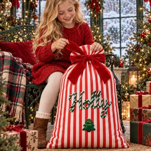 Può includere: Un grande sacco regalo in tessuto a righe verticali rosse e bianche, legato in alto con un ampio nastro di velluto rosso. La parte anteriore è ricamata con il nome Holly in corsivo verde e bianco, con un piccolo albero di Natale verde.