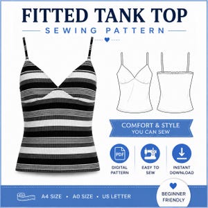 May include: A fitted tank top sewing pattern featuring a black, white, and gray striped ribbed tank top with thin straps. The graphic includes technical line drawings, the text FITTED TANK TOP SEWING PATTERN, and icons for PDF, sewing, and download.