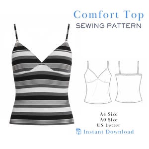 Op de afbeelding: Een zwart, wit en grijs gestreept Comfort Top naaipatroon. De top heeft een V-hals en dunne bandjes. De afbeelding bevat ook lijntekeningen van de top en de tekst "Comfort Top Sewing Pattern" en "Instant Download."