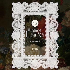 以下が含まれることがあります： 白い長方形のヴィンテージレースフレーム。花のアクセントが付いています。フレームは繊細な透かし彫りのデザインで、「15 Vintage Lace Frames PNG」の文字があります。背景は花の絵です。