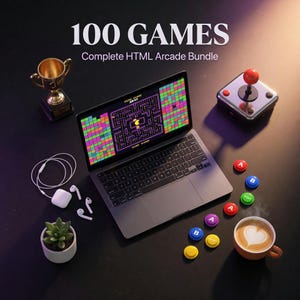 May include: A laptop displaying a Pac-Man game, accompanied by a joystick, colorful buttons, a gold trophy, and a cup of coffee with a heart design. The text "100 GAMES Complete HTML Arcade Bundle" is at the top.