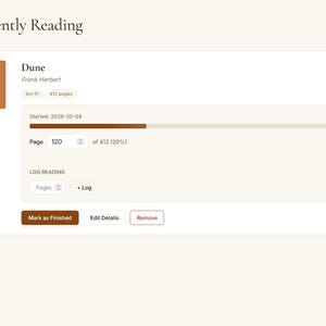 May include: A webpage interface displays a book reading tracker. The book "Dune" by Frank Herbert is featured, with progress at page 120 of 412. The interface shows reading progress, start date, and options to log reading and mark the book as finished.