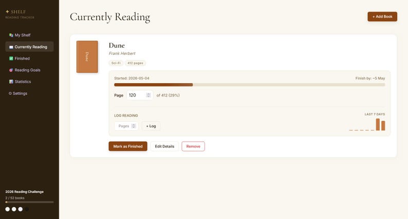 May include: A webpage interface displays a book reading tracker. The book "Dune" by Frank Herbert is featured, with progress at page 120 of 412. The interface shows reading progress, start date, and options to log reading and mark the book as finished.
