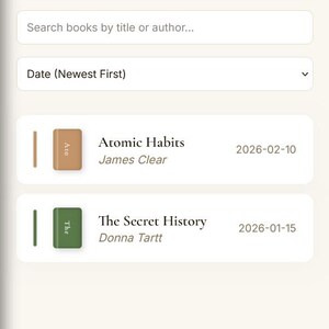 May include: A mobile app interface displaying a bookshelf with the title "Finished Books." The interface includes options for "List View" and "Grid View," along with filters for years and search by title or author. Two book entries are visible.