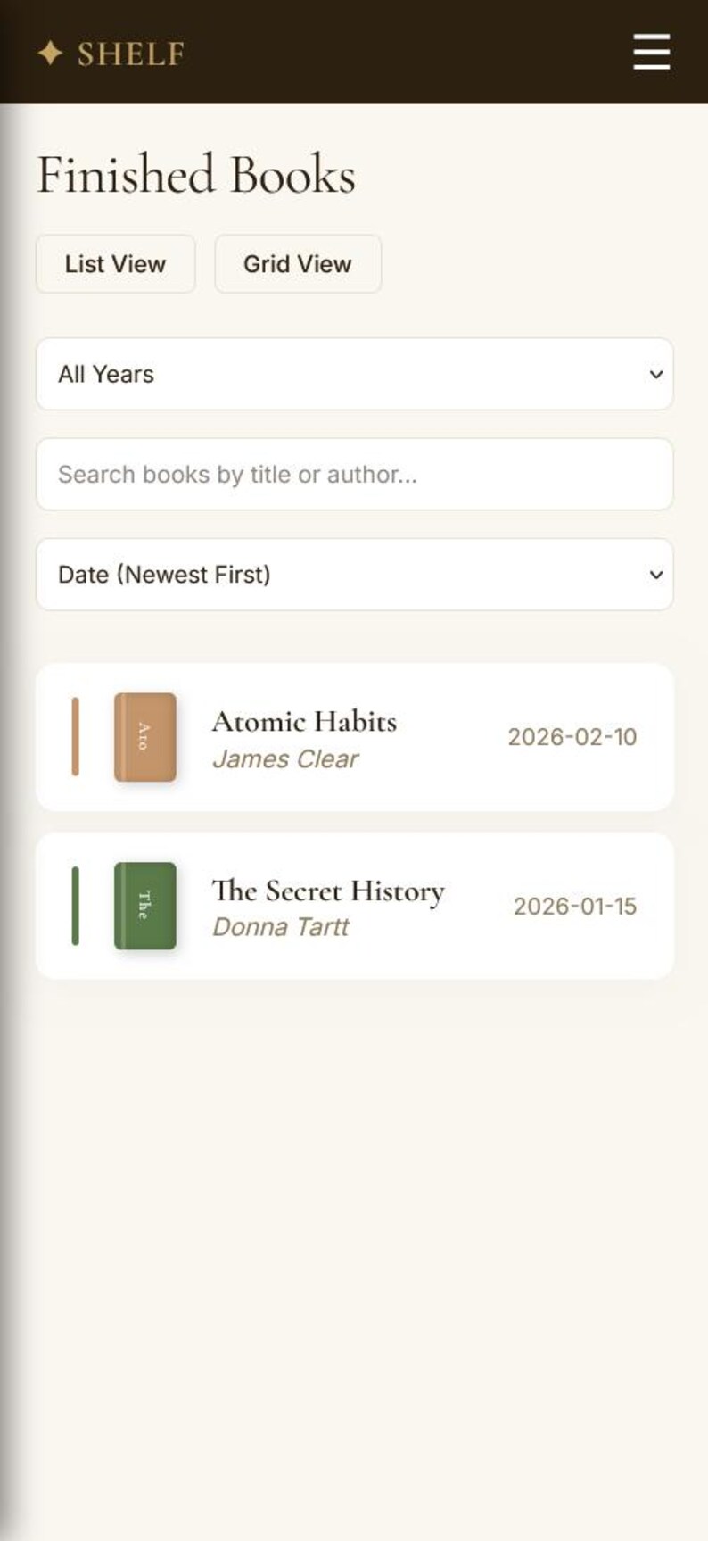 May include: A mobile app interface displaying a bookshelf with the title "Finished Books." The interface includes options for "List View" and "Grid View," along with filters for years and search by title or author. Two book entries are visible.