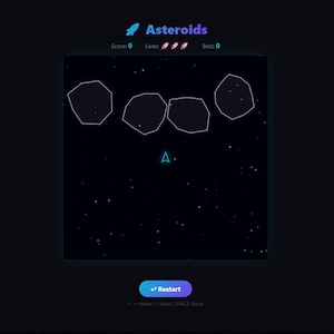 Puede incluir: Una captura de pantalla del juego Asteroids, con un fondo azul oscuro y formas geom&eacute;tricas blancas que representan asteroides. Una peque&ntilde;a nave espacial est&aacute; en el centro, con estad&iacute;sticas del juego en la parte superior y un bot&oacute;n de reinicio en la parte inferior.