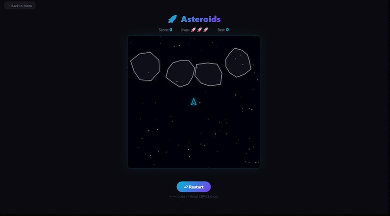 Puede incluir: Una captura de pantalla del juego Asteroids, con un fondo azul oscuro y formas geom&eacute;tricas blancas que representan asteroides. Una peque&ntilde;a nave espacial est&aacute; en el centro, con estad&iacute;sticas del juego en la parte superior y un bot&oacute;n de reinicio en la parte inferior.