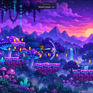May include: A pixel art video game scene titled Moonlit Canopy featuring a character with a sword jumping between purple mushroom platforms. The landscape includes glowing blue crystals, floating gold coins, a green slime enemy, and a sunset.