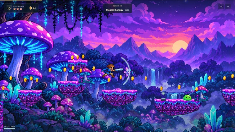 May include: A pixel art video game scene titled Moonlit Canopy featuring a character with a sword jumping between purple mushroom platforms. The landscape includes glowing blue crystals, floating gold coins, a green slime enemy, and a sunset.