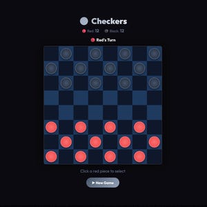 Puede incluir: Interfaz digital de un juego de damas sobre un fondo oscuro. El tablero es azul y negro con fichas rojas y grises. El texto en la parte superior dice "Checkers" y "Red's Turn". El juego muestra 12 fichas rojas y 12 negras.