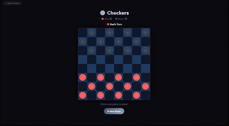 Puede incluir: Interfaz digital de un juego de damas sobre un fondo oscuro. El tablero es azul y negro con fichas rojas y grises. El texto en la parte superior dice "Checkers" y "Red's Turn". El juego muestra 12 fichas rojas y 12 negras.