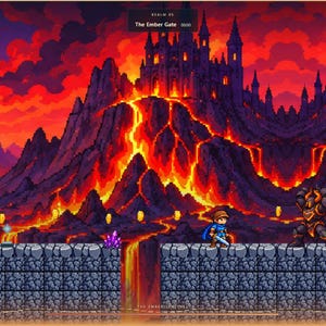 May include: A pixel art video game scene titled The Ember Gate featuring a character in a blue tunic and cape standing on a stone platform before a large armored enemy. The background displays a dark castle atop a mountain with flowing lava.