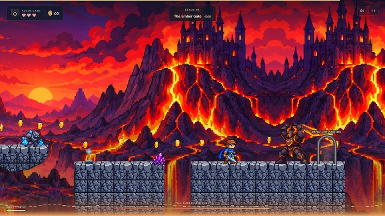 May include: A pixel art video game scene titled The Ember Gate featuring a character in a blue tunic and cape standing on a stone platform before a large armored enemy. The background displays a dark castle atop a mountain with flowing lava.