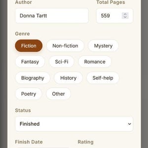 May include: Screenshot of a digital book editing interface. The title is "The Secret History" by Donna Tartt, with 559 pages. The genre is marked as Fiction, status is Finished, and the finish date is January 15, 2026. The book is rated five stars.