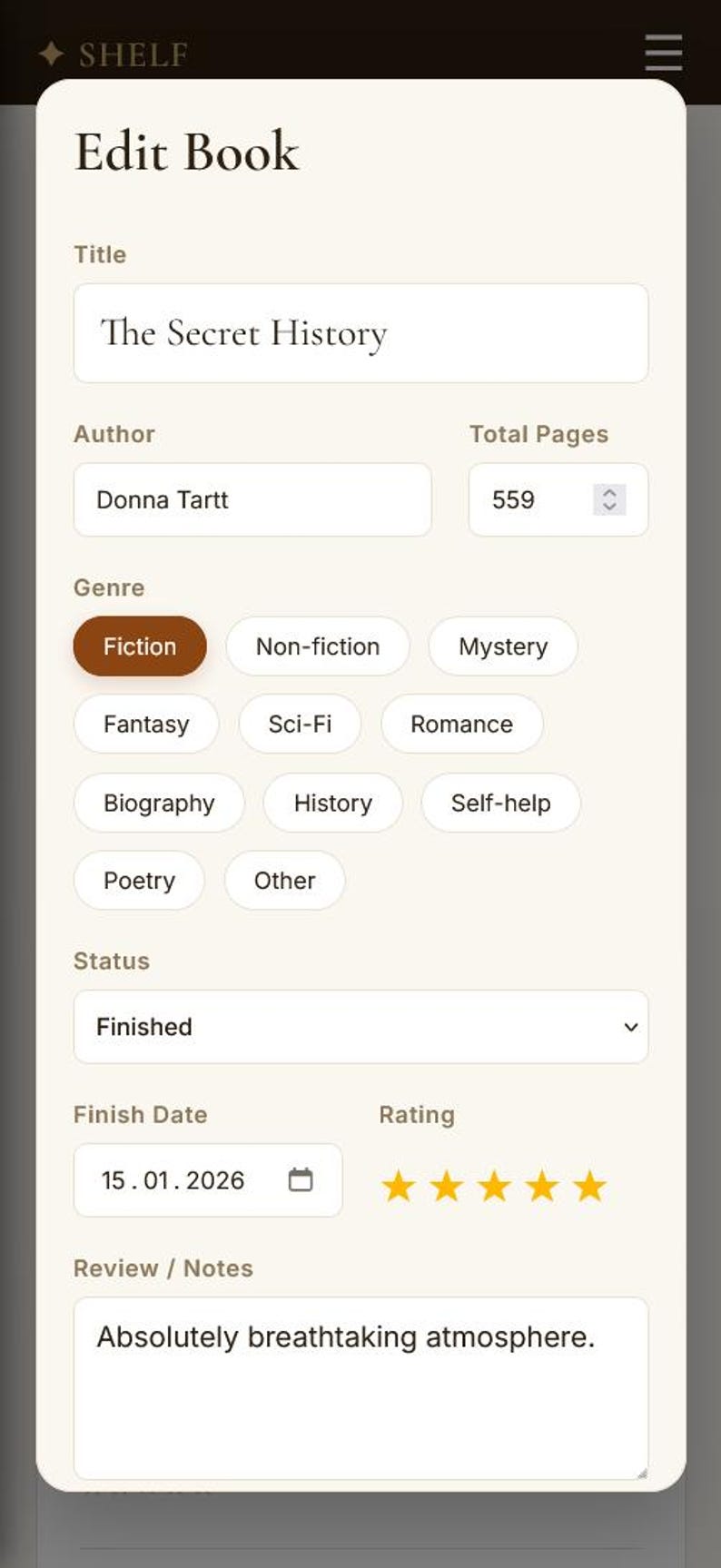 May include: Screenshot of a digital book editing interface. The title is "The Secret History" by Donna Tartt, with 559 pages. The genre is marked as Fiction, status is Finished, and the finish date is January 15, 2026. The book is rated five stars.