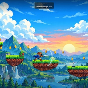 May include: A pixel art video game scene featuring a character in a blue tunic wielding a sword on a floating grassy platform. The background displays mountains, a river, and a sunset. Floating gold coins and a green slime enemy are visible.