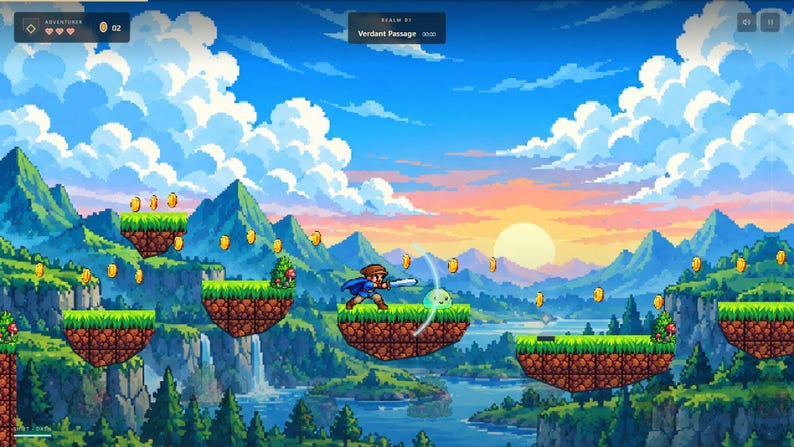 May include: A pixel art video game scene featuring a character in a blue tunic wielding a sword on a floating grassy platform. The background displays mountains, a river, and a sunset. Floating gold coins and a green slime enemy are visible.