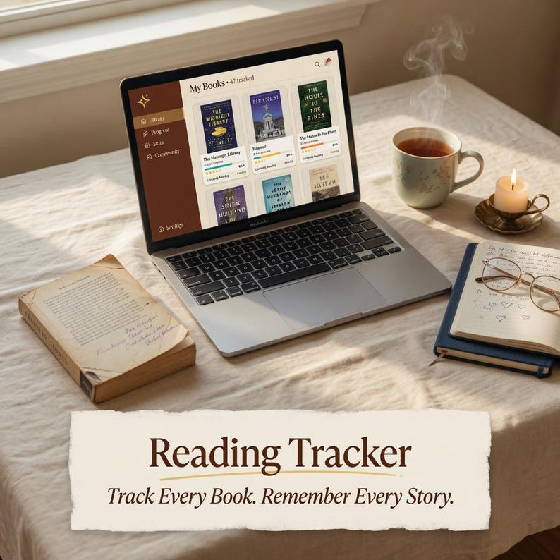 May include: A laptop displaying a reading tracker application with book covers. Beside it, an open book, a cup of tea, a lit candle, and a notebook with glasses. The text "Reading Tracker" and "Track Every Book. Remember Every Story." are visible.