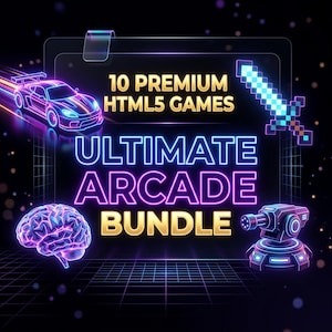 May include: A digital graphic promoting an "Ultimate Arcade Bundle" with neon blue and purple text. The image includes a race car, pixelated sword, brain, and a futuristic cannon, all with glowing outlines. The text reads "10 Premium HTML5 Games."
