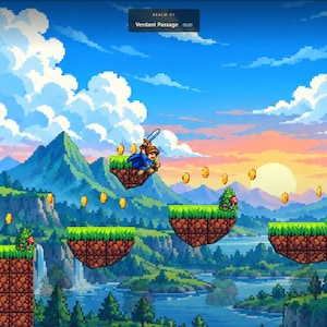 May include: A pixel art video game scene featuring a character with a sword jumping between floating grassy platforms over a river. The interface displays the text Realm 01 Verdant Passage, three hearts, and a coin count of 02 against a mountain backdrop.