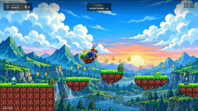 May include: A pixel art video game scene featuring a character with a sword jumping between floating grassy platforms over a river. The interface displays the text Realm 01 Verdant Passage, three hearts, and a coin count of 02 against a mountain backdrop.