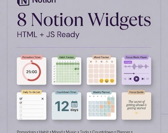 Notion Widget Pack | 8 Productivity HTML Widgets | ADHD Friendly | Focus Tools | Digital Download