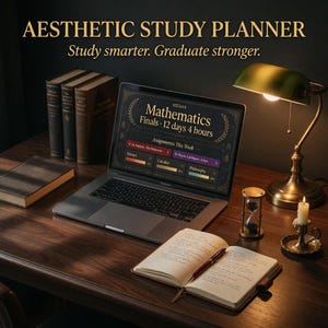 Puede incluir: Anuncio de planificador de estudios estético. Una computadora portátil muestra un horario de estudio de matemáticas con el texto "Finales 12 días 4 horas". Otros elementos incluyen libros, un cuaderno, un bolígrafo, una lámpara de escritorio, una vela y un reloj de arena.