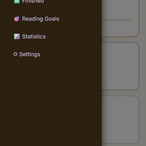 May include: A mobile app interface for a reading tracker, with a dark brown sidebar and a light gray main section. The sidebar features options like "My Shelf", "Currently Reading", and "Finished". The app tracks reading goals and statistics.