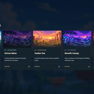 May include: A digital interface titled Choose a realm featuring five rectangular cards with pixel art landscapes: Verdant Passage, Echoes Below, Sunken Sun, Moonlit Canopy, and The Ember Gate. Each card displays a unique environment with descriptive text.