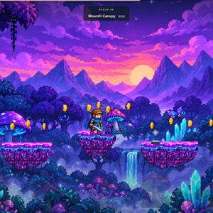 May include: A pixel art video game scene titled Moonlit Canopy featuring a character standing on a floating purple platform. The landscape includes glowing blue mushrooms, a waterfall, jagged mountains, and floating gold coins under a sunset.