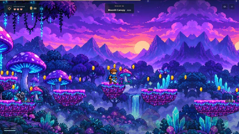 May include: A pixel art video game scene titled Moonlit Canopy featuring a character standing on a floating purple platform. The landscape includes glowing blue mushrooms, a waterfall, jagged mountains, and floating gold coins under a sunset.