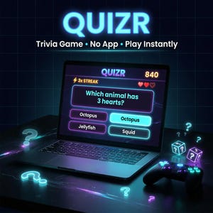 May include: A laptop screen displays a trivia game interface with the word "QUIZR" in neon blue. The game asks "Which animal has 3 hearts?" with answer choices. A game controller and question mark icons are also visible.